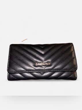 Bebe Black Quilted Leather Wallet with Gold Logo Emblem